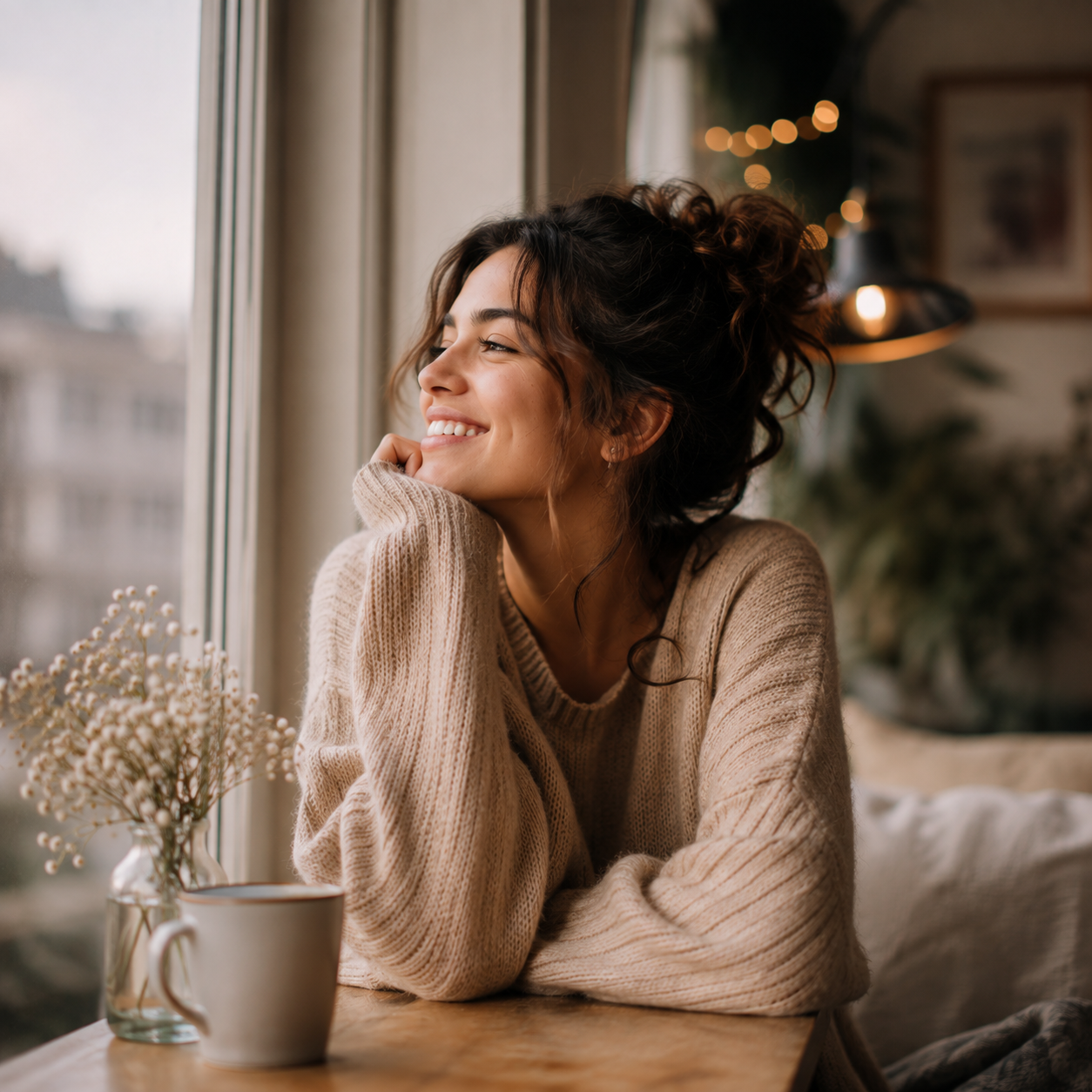 Couple smiling closely at a café table